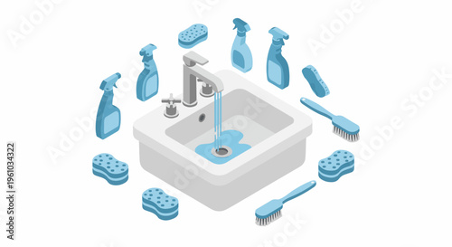 Isometric sink with cleaning supplies sprays, sponges, brushes