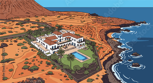 Idyllic coastal villa with pool and distant volcano under blue sky