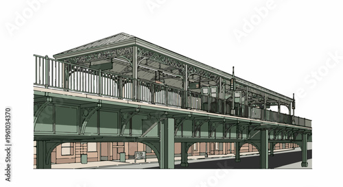 Elevated train station with ornate metalwork and arched supports on street