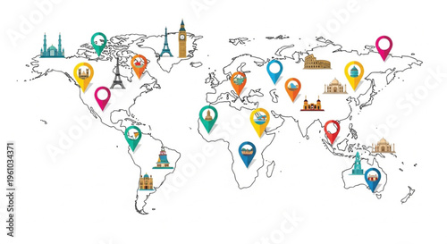 Colorful world map illustration featuring famous landmarks and tourist attractions marked with location pins across all continents including Eiffel Tower, Statue of Liberty, Big Ben, Taj Mahal.