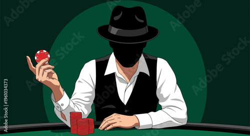 Mysterious gambler in black hat and mask playing poker with chips and red ball on green table