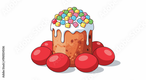 Festive Easter cake adorned with icing and colorful candy eggs, surrounded by red painted eggs