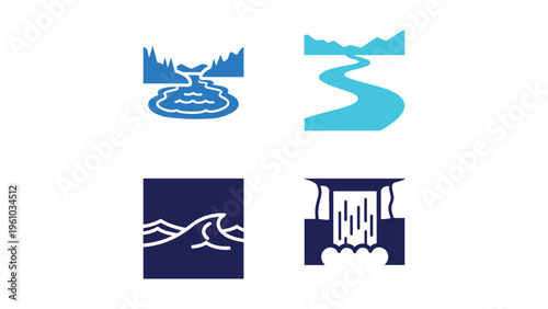 Four distinct symbols representing natural water sources and human water management