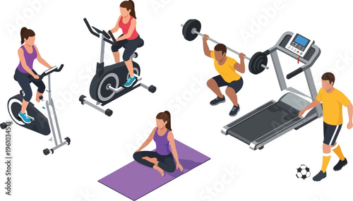 Isometric illustration of various fitness activities including cycling, weightlifting, yoga, and running on a treadmill