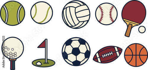A comprehensive collection of sports equipment icons featuring various balls like soccer, basketball, tennis, and golf, presented in a simple flat design style on a white background.