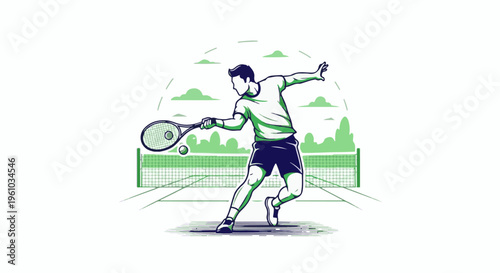 Dynamic illustration of a male tennis player mid-swing on a court