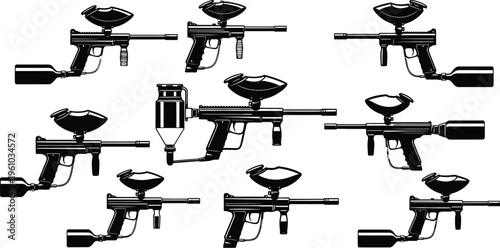 A collection of black and white vector illustrations showcasing various types of paintball guns, also known as markers, used in recreational sports and competitive games.