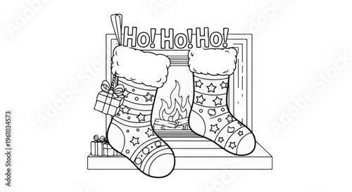 Festive fireplace with stockings, gifts, and roaring fire