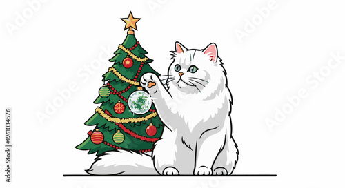 Fluffy white cat plays with a sparkly ornament on a decorated Christmas tree