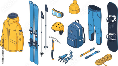 A comprehensive collection of winter sports and mountaineering equipment, including skis, snowboard, jacket, and safety gear, displayed on a clean white background.