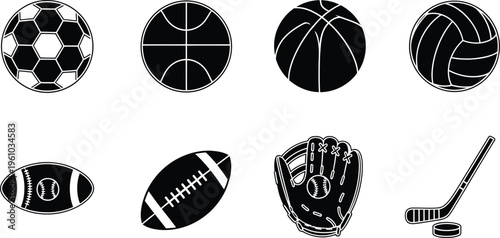 A collection of black and white sports equipment icons including soccer ball, basketball, volleyball, football, baseball glove, and hockey stick.