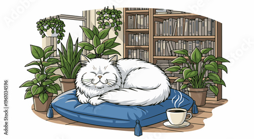 Fluffy white cat naps on blue pillow beside potted plants and bookshelf