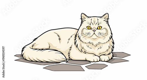 Fluffy cream cat with yellow eyes lounges on stone tiles