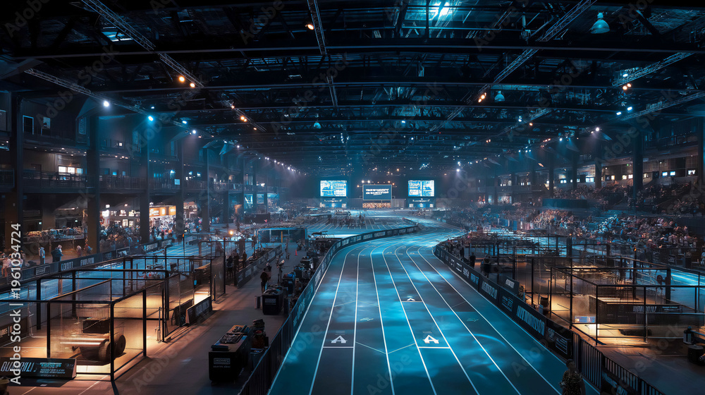Fototapeta premium Hyrox, High intensity functional fitness race inside modern arena. World Series of Fitness Racing.