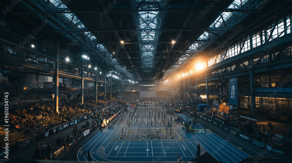 Obraz premium Hyrox, High intensity functional fitness race inside modern arena. World Series of Fitness Racing.