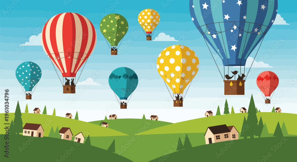 Obraz premium Colorful hot air balloons flying over a green landscape with houses and trees under a blue sky with clouds