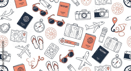 Seamless travel doodle pattern featuring hand-drawn icons including passport, camera, compass, suitcase, airplane, sunglasses, flip flops, map pin, orange slice, and watch in red, blue, and black.