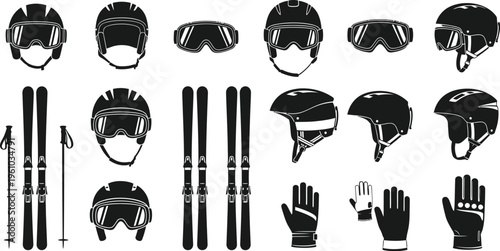 A comprehensive collection of winter sports equipment icons, featuring ski helmets, goggles, skis, poles, and gloves, presented as black silhouettes on a white background.