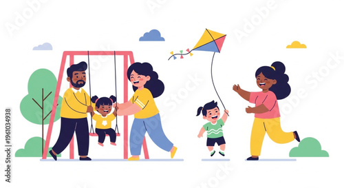 Happy multicultural family spending time outdoors in a sunny park with children playing on swings and flying a kite in colorful flat cartoon style. Diverse parents and kids enjoying family activities.