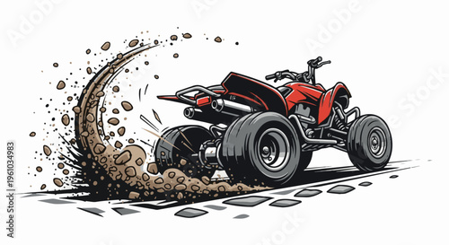 Dynamic red ATV kicks up dirt while speeding along a track