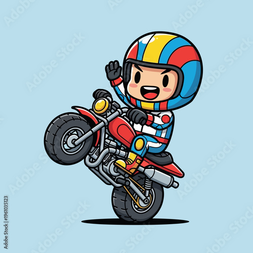 A cartoon character riding a motorcycle.