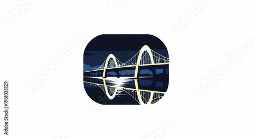 Illuminated suspension bridge at night with water reflection