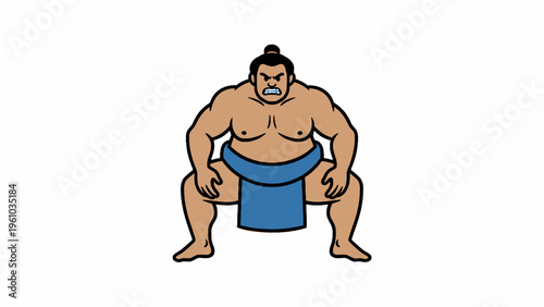 Sumo Wrestler Character in Squatting Stance Vector Illustration