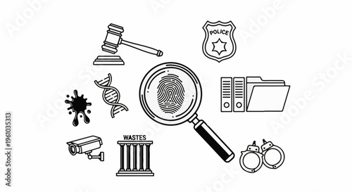 Forensic investigation tools including fingerprint, DNA, judge's gavel, and handcuffs