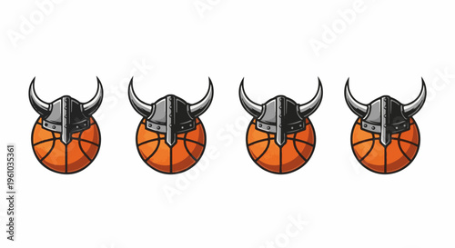 Four basketballs each wearing a Viking helmet