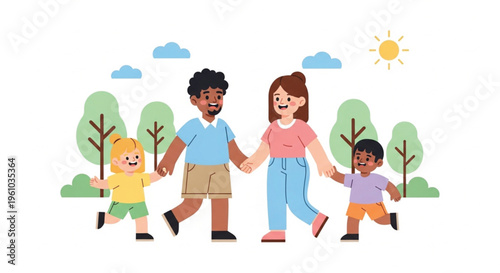 Happy multicultural family walking together outdoors in a sunny park with green trees and blue sky. Diverse parents and children holding hands in flat cartoon style. Perfect for family, parenting.
