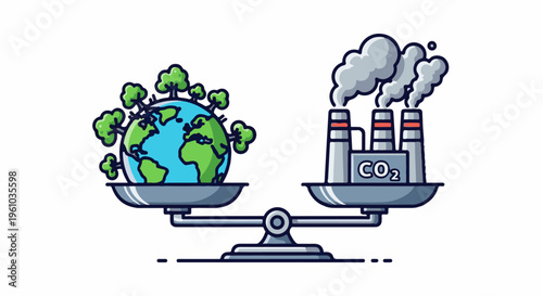 Earth with trees on one scale, pollution factory on the other