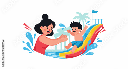 Joyful child slides down colorful waterpark attraction toward open arms