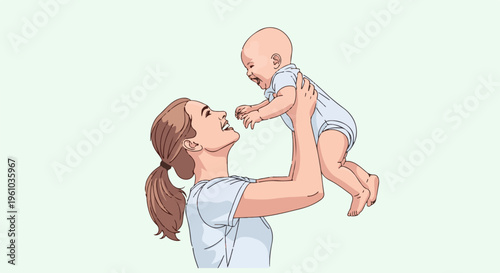 Joyful mother lifts happy baby high in the air