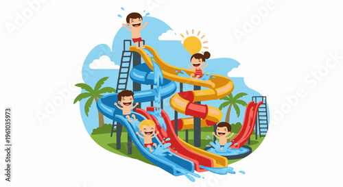 Joyful children splashing down colorful water slides on a sunny day
