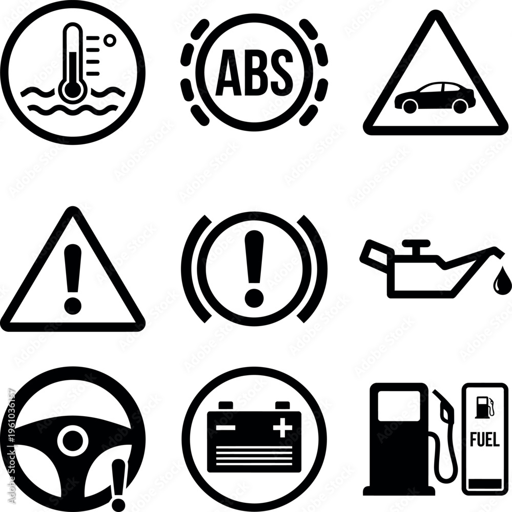 Fototapeta premium Car Dashboard Warning Light Icons and Vehicle Diagnostic Symbols