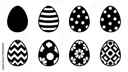 Collection of black and white Easter egg icons with different patterns for holiday branding and graphic design