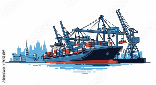 Large cargo ship being loaded with containers at a busy port with cranes