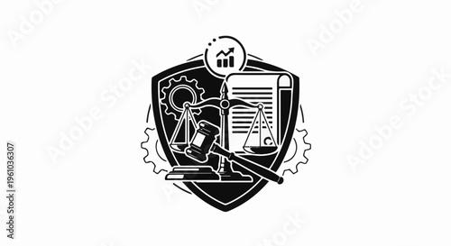 Law and industry emblem with scales, gavel, gears, and growth chart