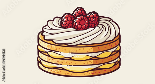 Layered cake with cream frosting, custard filling and fresh raspberries on top