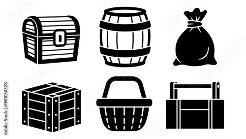 Set of black storage container icons including treasure chest barrel sack crate basket and toolbox for game inventory and logistics design
