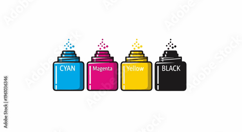 Four ink bottles cyan, magenta, yellow, and black, with ink droplets