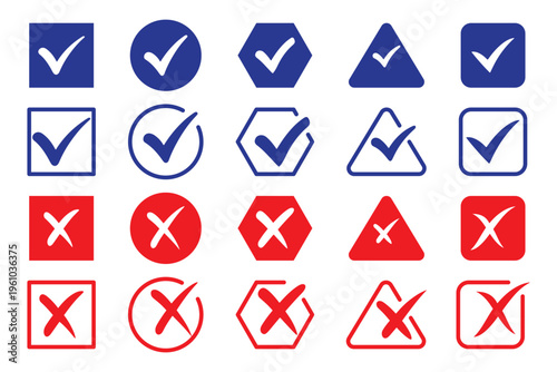 Check and Cross Shape Icons Set – Square Circle Hexagon Triangle Tick and X Symbols for UI Validation and Status Vector. Green check mark and red cross icon set with approval and rejection symbols 