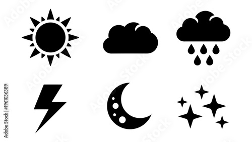Weather icon set with sun cloud rain lightning moon and stars for mobile app interface and forecasting design