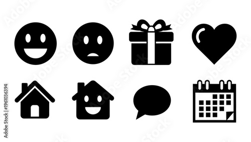 Set of black minimalist UI icons including emoji heart gift house and calendar for web and mobile app design