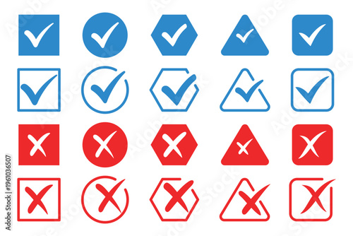 Check and Cross Shape Icons Set – Square Circle Hexagon Triangle Tick and X Symbols for UI Validation and Status Vector. Green check mark and red cross icon set with approval and rejection symbols 