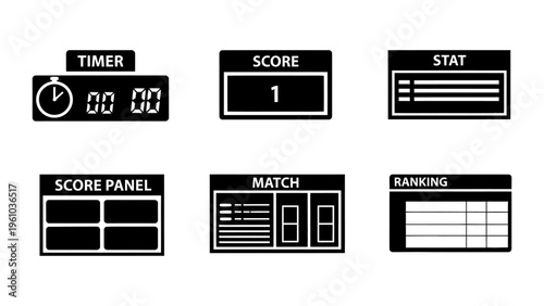 Sports scoreboard and statistics UI icon set for game broadcast and competition data tracking
