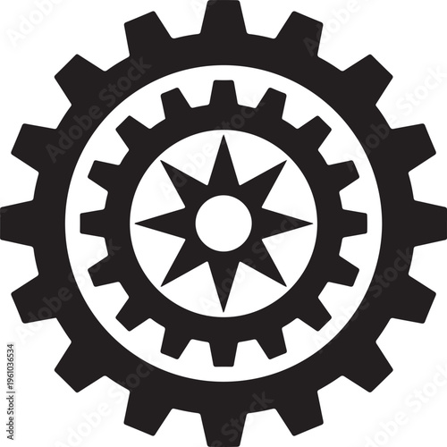 Three concentric black and white mechanical gears with a star pattern in the center