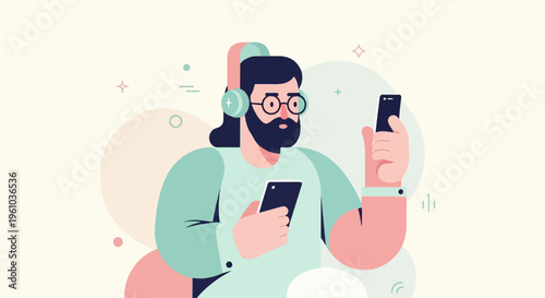 A bearded man wearing headphones holds two smartphones, engaging with technology