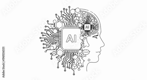 Line art depicts artificial intelligence circuit board integrated into a human head profile