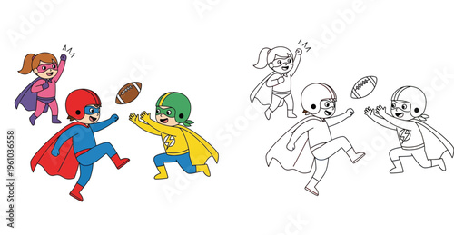 Playful Superhero Kids Engaging in American Football Fun